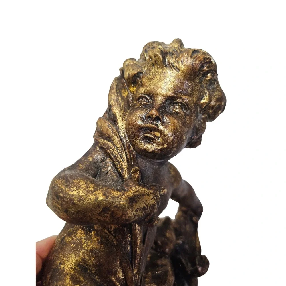 Vintage Gold Cherub Wall Plaque Angel Putto Relief Sculpture 12 Inch Gilded Art